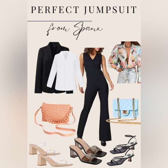 Spanx Perfect Sleeveless Jumpsuit Black 1X Wide Leg Shaping V-Neck Career Chic - Picture 15 of 16